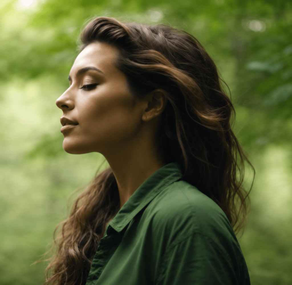 Femme yeux fermés dans un environment verdoyant.